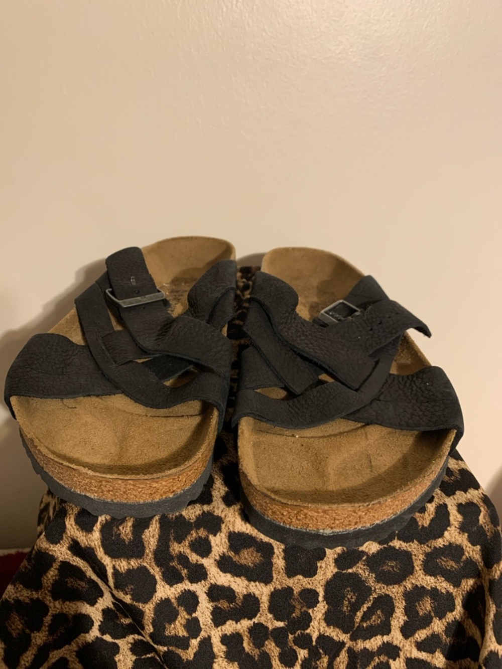Birkenstock Black Leather Crossover Slide Sandals